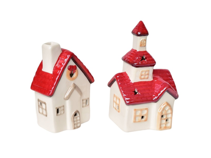 Kostel 16 cm a domeček 13 cm keramický s LED osvětlením, set 2 ks