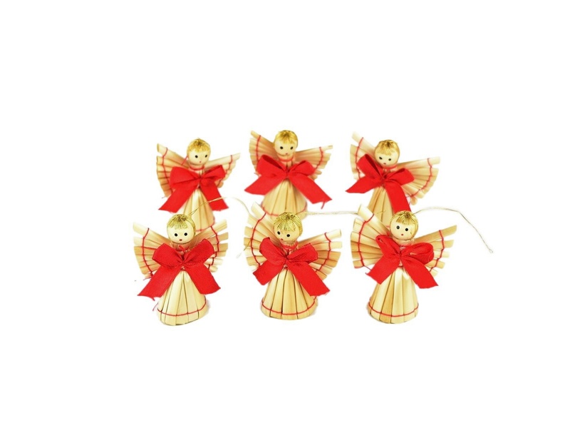 Slaměné andílci s červenou mašličkou 6 ks