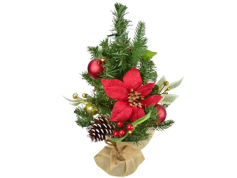 Stromek s ponsetiemi s červenými a zlatými kouličkami 10×LED, 40 cm