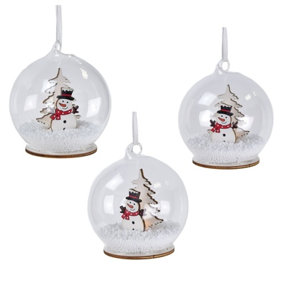 Průhledná baňka se sněhulálkem a s LED osvětlením Ø8 cm, set 3 ks