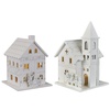 Dřevěný domeček 10x8 cm a kostelík 13x8 cm bílý s LED, set 2 ks