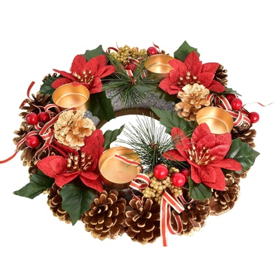 Adventní svícen šiškový s ponsetiemi 8x30 cm